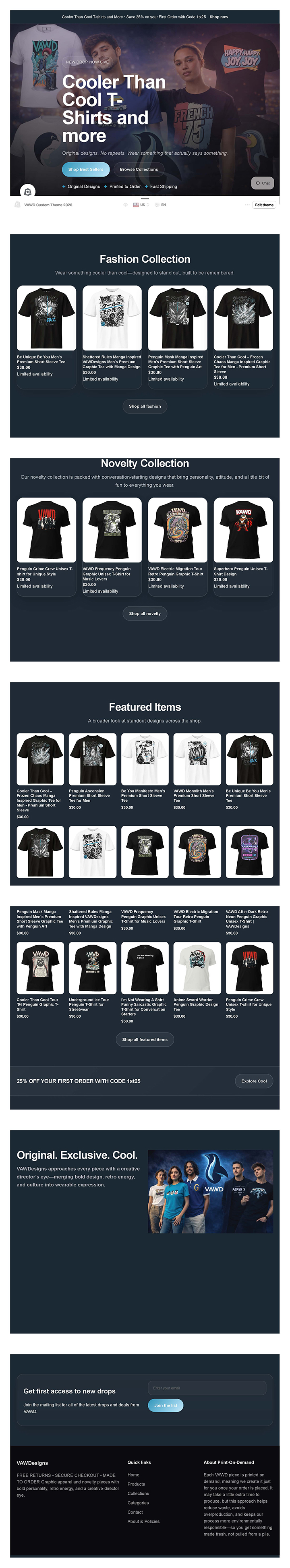 VAWDesigns Shopify apparel storefront
