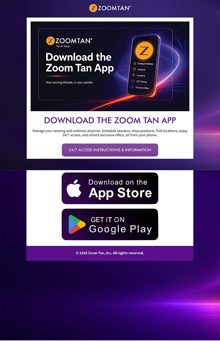 Zoom Tan app landing page highlighting app features and 24/7 access